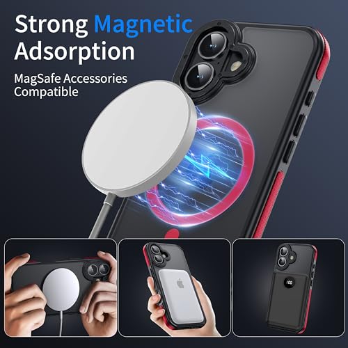 Strong Magnetic Case for iPhone 16 [5X Military-Grade Protection] Compatible with fit MagSafe Shockproof Slim Thin Cover 6.1 inch 16 Phone case, Red Bumper - color: A6-Red Bumper, size: iPhone 16(6.1")
