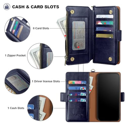 Antsturdy for iPhone 17 Pro Max Phone Wallet Case Women,Dark Blue | RFID Blocking,with Credit Card Holder Slots,PU Leather Purse,Zipper Pocket,Wrist Strap Kickstand,Flip Folio Cover for Men - color: Dark Blue