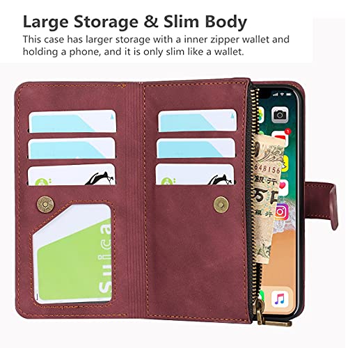 iCoverCase for iPhone X/XS Wallet Case with Card Holder and Wrist Strap, PU Leather Kickstand Card Slots Zipper Pocket Magnetic [Detachable] Flip Cover Case 5.8 Inch (Claret) - color: Claret