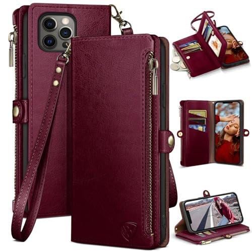 XcaseBar compatible with iPhone 13 Pro 6.1" Wallet case with Zipper Credit Card Holder【RFID Blocking】,Flip Folio Book PU Leather Phone case Shockproof Cover Men Women for Apple 13 Pro case Wine Red - color: Wine Red
