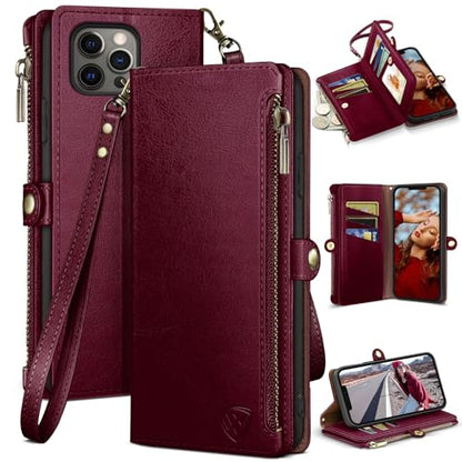 XcaseBar compatible with iPhone 13 Pro 6.1" Wallet case with Zipper Credit Card Holder【RFID Blocking】,Flip Folio Book PU Leather Phone case Shockproof Cover Men Women for Apple 13 Pro case Wine Red - color: Wine Red