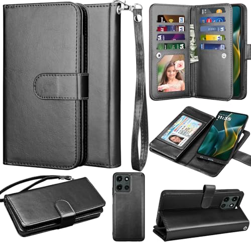 NJJEX Moto G 5G 2025 Wallet Case PU Leather 9 Card Slots Detachable Magnetic Flip Cover Kickstand Lanyard, Black - color: Black