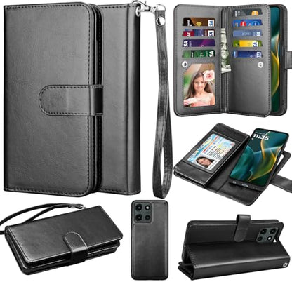 NJJEX Moto G 5G 2025 Wallet Case PU Leather 9 Card Slots Detachable Magnetic Flip Cover Kickstand Lanyard, Black - color: Black