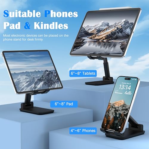 Cell Phone Stand, Adjustable Angle and Height Cell Phone Holder for Desk, Foldable and Portable, Anti-Slip Silicone Pad, Compatible with All Mobile Phones and 4-8 Inch Devices, Black - color: Black
