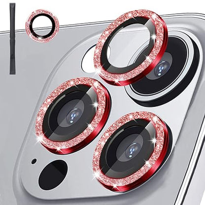 [3+1] Compatible for iPhone 15 Pro ＆ iPhone 15 Pro Max Camera Lens Protector 9H Tempered Glass Camera Cover Metal Individual Ring Full Coverage Camera Lens Protector with Removal Tool (glitter red) - color: glitter red