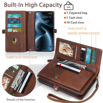 for Wallet Case Compatible with iPhone 15,Multi-Function Detachable 2 in 1 Magnetic iPhone 15 Wallet,Flip Strap Zipper Card Holder Phone Case with Shoulder Straps(Brown) - color: Brown, size: iPhone 15