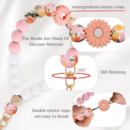 Silicone Beaded Phone Wrist Strap for Women, Elastic Wristlet - color: Pink Daisy