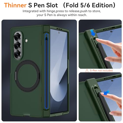Upgraded 360° Spin Magnetic Invisible Ring Stand for Samsung Galaxy Z Fold 7 Case,[Compatible with MagSafe][S Pen Holder][Hinge Protection][Screen Protector],Shockproof Full Body Phone Cover - color: Green-1