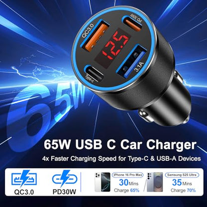 USB C Car Charger for iPhone 17, 65W 4-Port Voltmeter Car Charger Adapter - color: Black