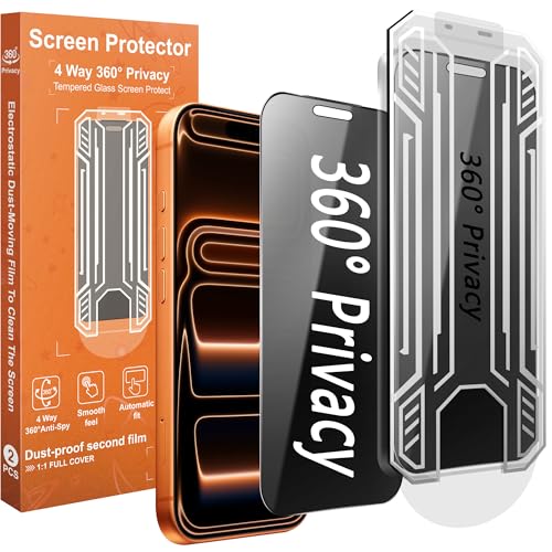 360° 4 Way Privacy Screen Protector for iPhone 17 Pro [2 Pack], Anti-Spy Tempered Glass, 9H Hardness Shatterproof, 3D Curved Edges, Case-Friendly, Bubble-Free Easy Installation - size: for iPhone 17 Pro