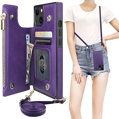 Bocasal Crossbody Wallet Case with Strap for iPhone 13/14, Purple | RFID Blocking Card Slot Holder, Magnetic Flip Folio Purse Case, PU Leather Zipper Handbag Detachable Lanyard Strap 6.1 Inch - color: Purple