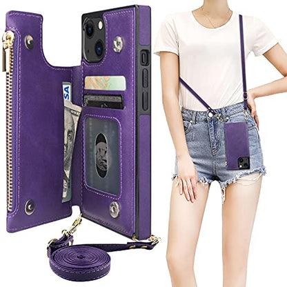 Bocasal Crossbody Wallet Case with Strap for iPhone 13/14, Purple | RFID Blocking Card Slot Holder, Magnetic Flip Folio Purse Case, PU Leather Zipper Handbag Detachable Lanyard Strap 6.1 Inch - color: Purple