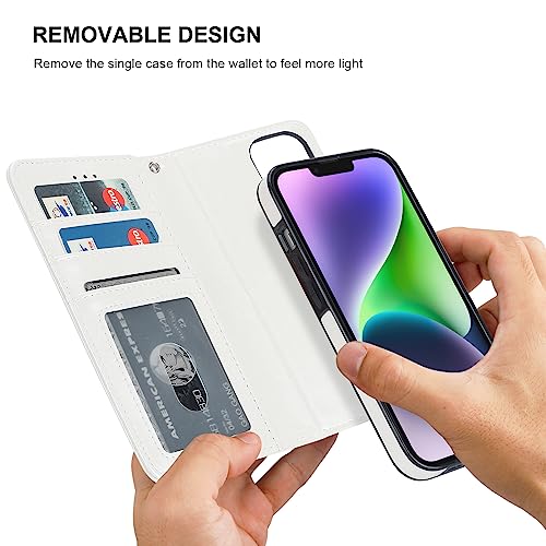 Bocasal Detachable Wallet Case Card Holder for iPhone 14, White | RFID Blocking Kickstand Card Slots Holder PU Leather Magnetic Shockproof Wrist Strap Removable Flip Protective Cover 6.1 inch - color: White