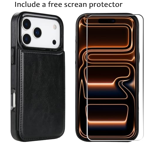 for iPhone 17 Pro Max Wallet Case with Screen Protector, Slim PU Leather Protective Case with Card Holder[RFID Blocking] Kickstand Cover 6.9"-Black - color: Black