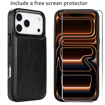 for iPhone 17 Pro Max Wallet Case with Screen Protector, Slim PU Leather Protective Case with Card Holder[RFID Blocking] Kickstand Cover 6.9"-Black - color: Black