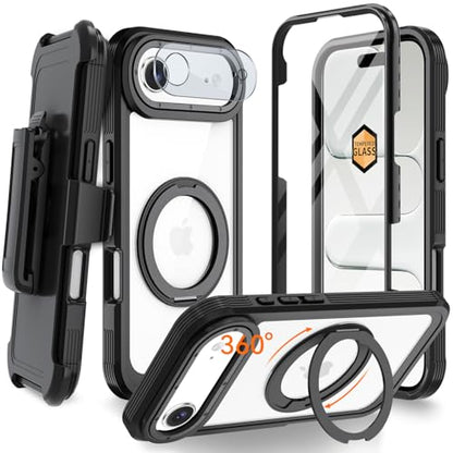 Magnetic for iPhone Air Case, Compatible with MagSafe, Full Body Rugged Case with Built-in Screen Protector & Kickstand & Belt-Clip (Black) - color: Black