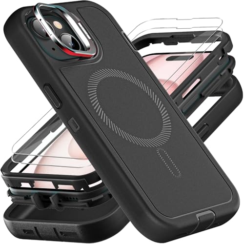 YKHJKLEC for iPhone 15 Case, Military Grade 3 in 1 Heavy Duty Shockproof/Drop Proof/Dust Proof with Kickstand Case, with 2 x Tempered Glass Screen Protector (ZJ-Black/Black) - color: ZJ-Black/Black