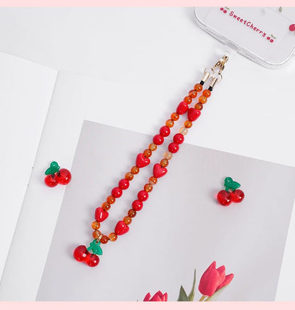 Phone Charm with Beaded Marble, Phone Chain Strap for Women Compatible with iPhone 14/13/12/11(Cute Cherry) - color: Red Cherry