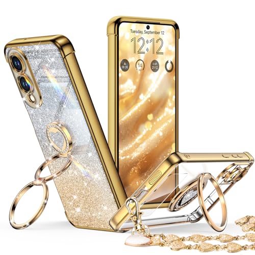 XYZ for Galaxy S25 Edge Case with Stand, for Samsung Galaxy S25 Edge Case with Double Ring, Women Girls Bling Luxury Glitter Clear Phone Case Cover Heart for Samsung S25 Edge, Gold - color: Clear Glitter Gold, size: Galaxy S25 Edge