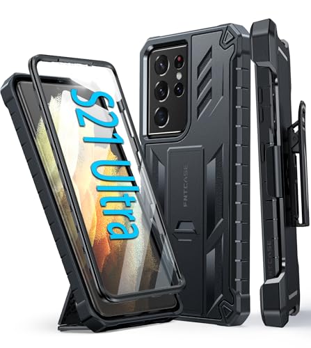 FNTCASE for Samsung Galaxy S21 Ultra Case with Belt Clip and Kickstand | Built-in Screen Protector, Military-Grade Drop Protection, Rugged Heavy Duty Shockproof Holster Protective Cover - color: Black
