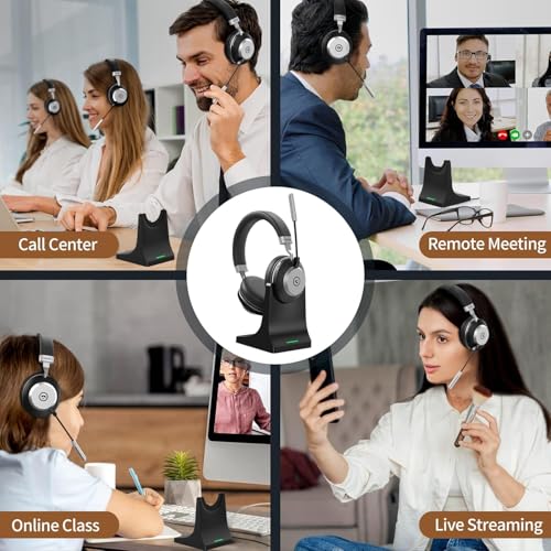 Wireless Headset with Mic for Work, Bluetooth Headset with Microphone (AI Noise Cancelling), 60 Hours Woktime Wireless Headphone for Work from Home/Call Center/Office/PC/Laptop/Computer/Zoom/Teams