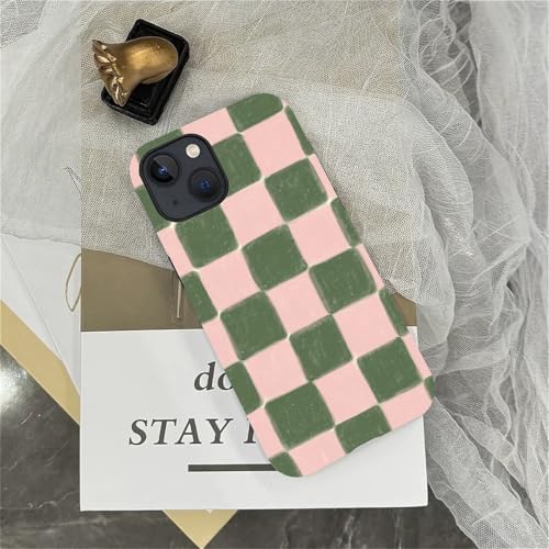 ZHEGAILIAN Case Compatible with iPhone 14 Plus,Pink and Green Checkered Design Phone Case, Matte Mixed Double-Layer Hard Shell+Soft Silicone TPU Shock Protective - color: Pink and green checkered, size: iPhone 14 Plus