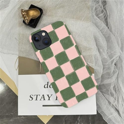 ZHEGAILIAN Case Compatible with iPhone 15,Pink and Green Checkered Design Phone Case, Matte Mixed Double-Layer Hard Shell+Soft Silicone TPU Shock Protective - color: Pink and green checkered, size: iPhone 15