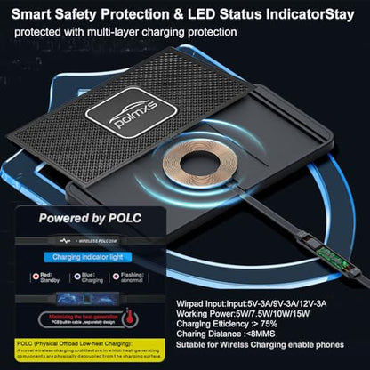 Wireless Charger Car Charging pad,POLMXS 15W Fast Wireless Phone Charger Non Slip Cell Phone Flat Charging mat Compatible with iPhone 11/12/12/14/15 Galaxy S21/S22/S23/24 NOTE10 (30cm Cable)(C2Y)