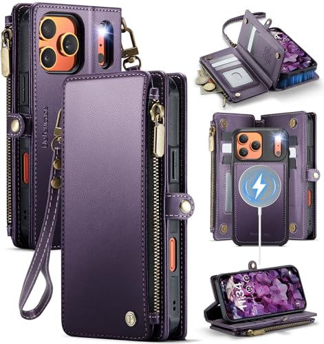 Defencase for iPhone 17 Pro Max Case Wallet Compatible with Magsafe, Purple | Drop-Proof Magnetic Detachable Phone Cases Cover, with RFID Bolcking Card Holder, Zipper Strap, PU Leather, Removable Wallet - color: (Detachable with Magsafe)-Purple