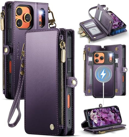 Defencase for iPhone 17 Pro Max Case Wallet Compatible with Magsafe, Purple | Drop-Proof Magnetic Detachable Phone Cases Cover, with RFID Bolcking Card Holder, Zipper Strap, PU Leather, Removable Wallet - color: (Detachable with Magsafe)-Purple