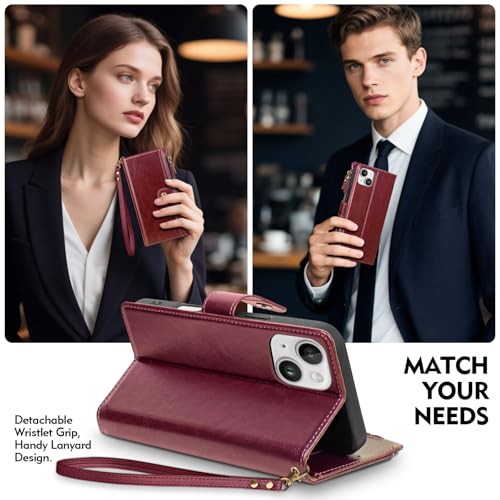 Compatible with iPhone 13 Wallet Case with Card Holder RFID Blocking Zipper Poket PU Leather Flip Phone Case with Wrist Strap Credit Card Slots Men Women,for Apple 13 6.1",Wine Red - color: Wine Red, size: iPhone 13 - 6.1"