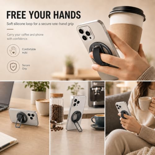 Magnetic Silicone Phone Grip | Super Strong Magnetic Design, 360° Rotation, Comfortable Grip, Compatible with iPhone 16/15/14/13/12 Series, Perfect for Selfies and Watching Videos - color: Deep Black