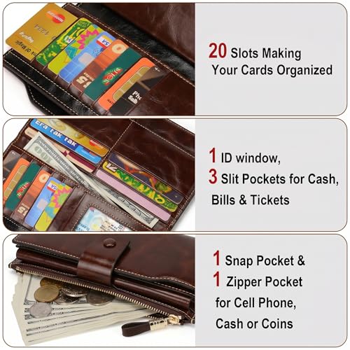 YALUXE Women's Real Leather Wallet RFID Protect 21 Card Slots Phone Pocket - color: 6- Waxed Coffee, size: Genuine Leather