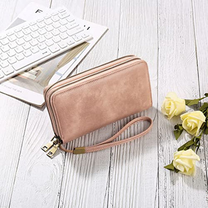 GAEKEAO RFID Leather Wristlet Wallet for Women with Grip Strap | Large capacity clutch wallet, credit card holder, wrist strap, zipper purse, travel and shopping - color: A10 Retro Light Pink-1