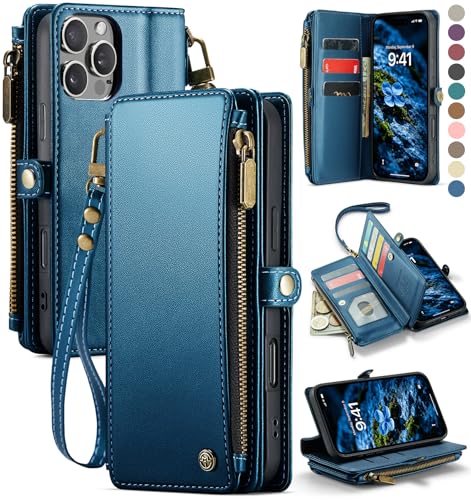 Defencase for iPhone 16 Pro Max Wallet Case with RFID Card Holder, DarkBlue | Durable Soft PU Leather, with Zipper Pocket, Wrist Strap, Fashion Snap Flip Phone Cases Cover with Stand for Women and Men - color: Dark Blue