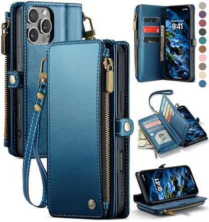 Defencase for iPhone 16 Pro Max Wallet Case with RFID Card Holder, DarkBlue | Durable Soft PU Leather, with Zipper Pocket, Wrist Strap, Fashion Snap Flip Phone Cases Cover with Stand for Women and Men - color: Dark Blue