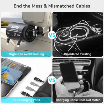 PLDHPRO Multi Port Car Headrest Retractable Charger 4 in 1 Charging Station Dock for Lfyt Turo Ride Share Customers, Vehicle Backseat Accessories for Driver Fit Galaxy, iPhone, Andriod Devices - size: 4 IN 1-with Car Charger