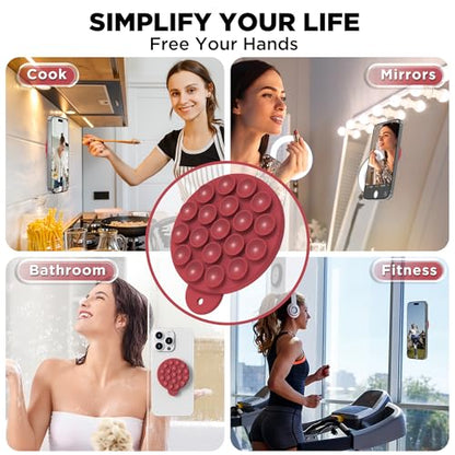Magnetic Suction Cup Phone Mount with MagSafe, Silicone Hands-Free Grip Holder for iPhone Case and Android, Mirror Shower Phone Stand for Makeup FaceTime Gym Kitchen Bathroom, Deep Red - color: Deep Red