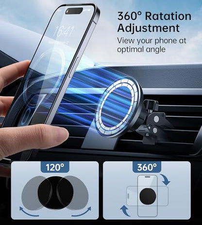 Magnetic Car Mount Phone Holder - Mag Safe Air Vent Phone Mount for Car Compatible with iPhone 15 14 13 12 Pro Max Mini Plus, 360° Adjustable Mag Safe Car Mount Phone Holder for All Phone
