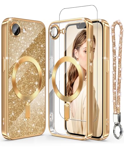 Magnetic Plated Gold Clear TPU Phone Case for iPhone 17e/16e-Gold | Luxury Slim Soft Cover with [Glitter Card&Wrist Strap] [Screen Protector&Camera Lens Protector] for 17e/16e - color: Gold