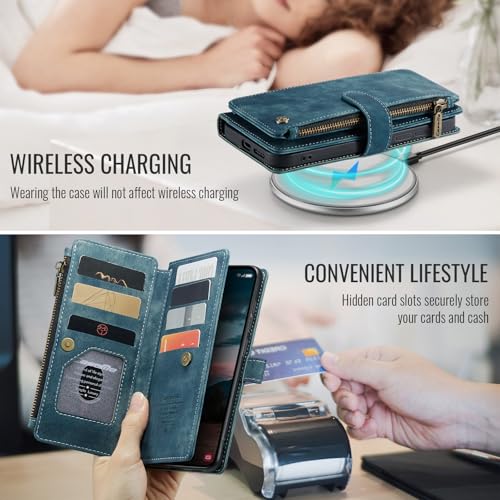 Compatible with Samsung Galaxy S26 Wallet Case,with Card Holder Kickstand Magnetic Zipper Pocket Lanyard Strap Wristlet,Leather Flip Case Wallet for Samsung Galaxy S26 5G 6.3 Inch(Blue) - color: Blue, size: S26 6.3 Inch