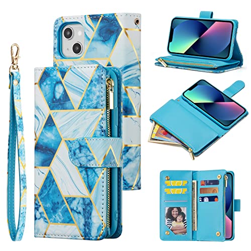 UEEBAI Case for iPhone 13 6.1 inch, PU Leather Wallet Retro Shockproof Flip Case Cover with Card Slots Stand Function, Magnetic Closure - Blue# - color: Marble Blue