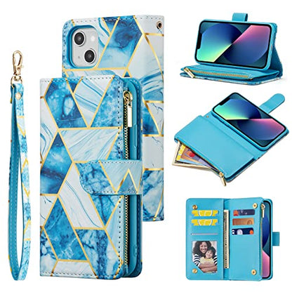 UEEBAI Case for iPhone 13 6.1 inch, PU Leather Wallet Retro Shockproof Flip Case Cover with Card Slots Stand Function, Magnetic Closure - Blue# - color: Marble Blue
