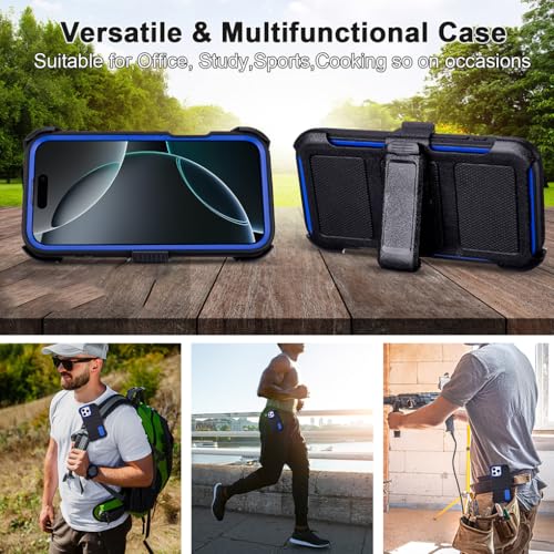 Phone Cases for iPhone 16 Pro Case Black with Belt Clip Heavy Duty | 3 Layers of Sturdy,Military Grade Shockproof ProHolster Protective Cases for iPhone 16 Pro Phone Case Black Blue - color: Black+Blue