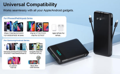 Portable Charger for iPhone,13800mAh Slim Power Bank with Built-in Cables & AC Wall Plug,All in One 4 Outputs USB C Fast Charging Battery Pack Powerbank for iPhone 18/17/16/15,Android,Travel Essential - color: Black