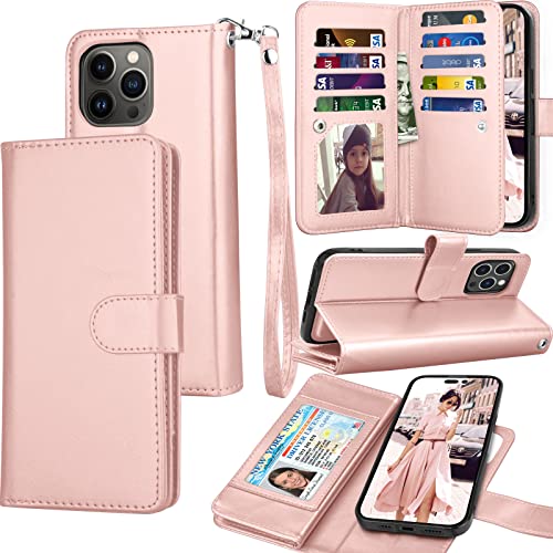 Tekcoo Wallet Case Compatible with iPhone 14 (6.1 inch) 2022 Luxury ID Cash Credit Card Slots Holder Carrying Pouch Folio Flip PU Leather Cover [Detachable Magnetic Hard Case] with Strap [Rose Gold] - color: W-Rose Gold, size: IP 14 (6.1")