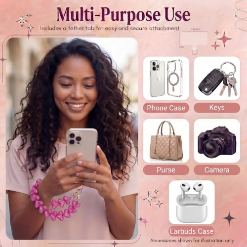 Heart Beaded Phone Wristlet | Phone Wrist Strap With Tether Tab | Cute Accessory for Phone, AirPods, Bag, Keys, Camera - color: Hot Pink