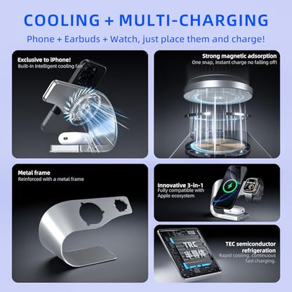 3 in 1 Wireless Charging Station with Cooling for iPhone, Watch & AirPods - color: Silvery
