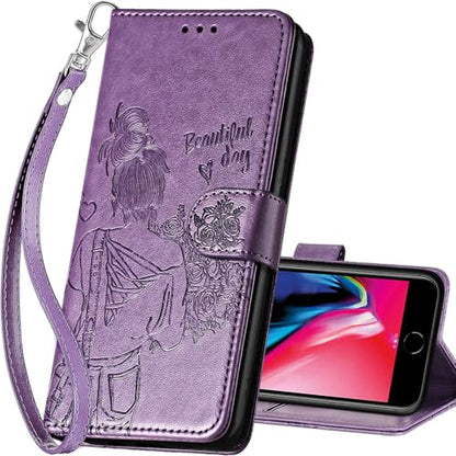 for iPhone SE 2022/7/8/SE 2020 Wallet case, Purple-Girl | 3 Card Holders, Kickstand, Shockproof TPU Shell, PU Leather, Magnetic Closure, Protective Flip Folio Cover, Women - color: 2