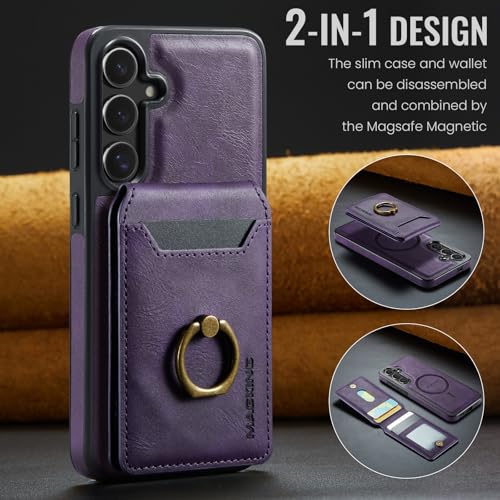 for Samsung Galaxy S26 2 in 1 Detachable Card Bag Wallet Case Durable Leather Wallets Magnetic Card Holder 4 Card Slots Ring Stand RFID Blocking Purple - color: Purple, size: Samsung Galaxy S26